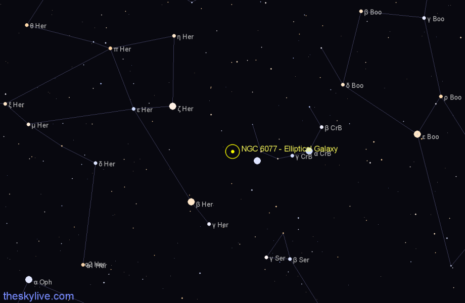 Finder chart NGC 6077 - Elliptical Galaxy in Corona Borealis star