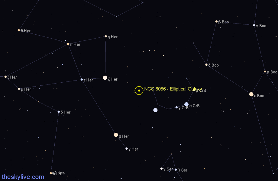 Finder chart NGC 6086 - Elliptical Galaxy in Corona Borealis star