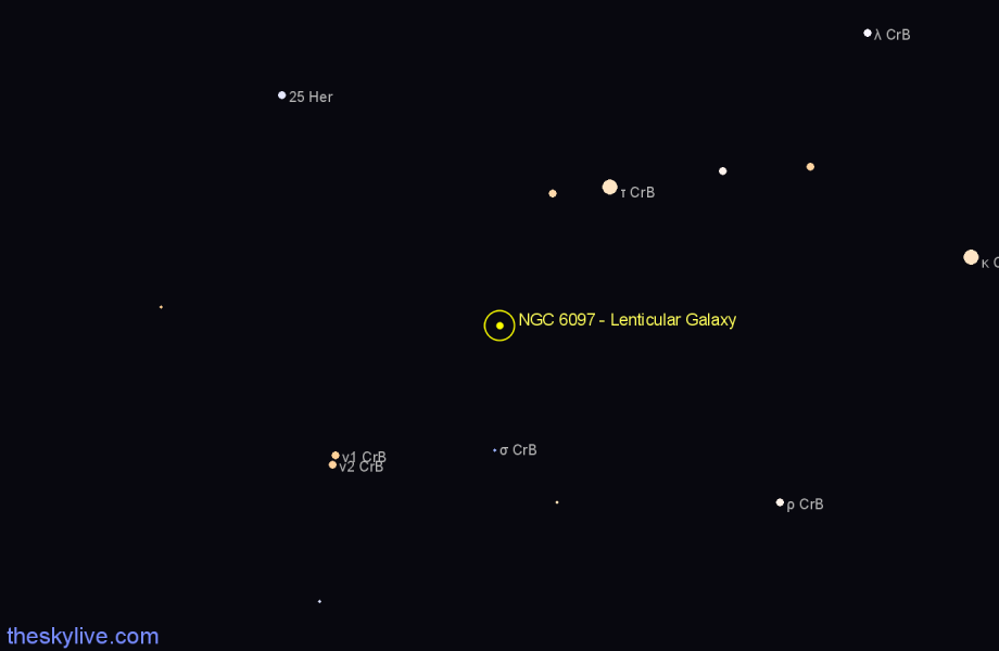 Finder chart NGC 6097 - Lenticular Galaxy in Corona Borealis star