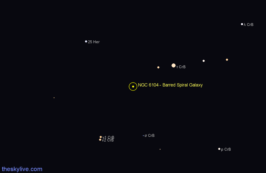 Finder chart NGC 6104 - Barred Spiral Galaxy in Corona Borealis star