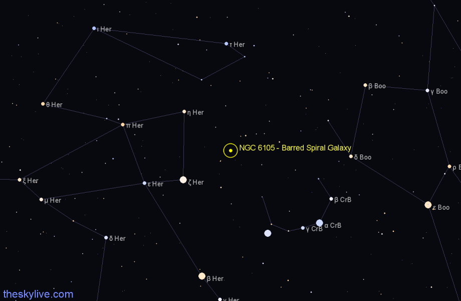 Finder chart NGC 6105 - Barred Spiral Galaxy in Corona Borealis star