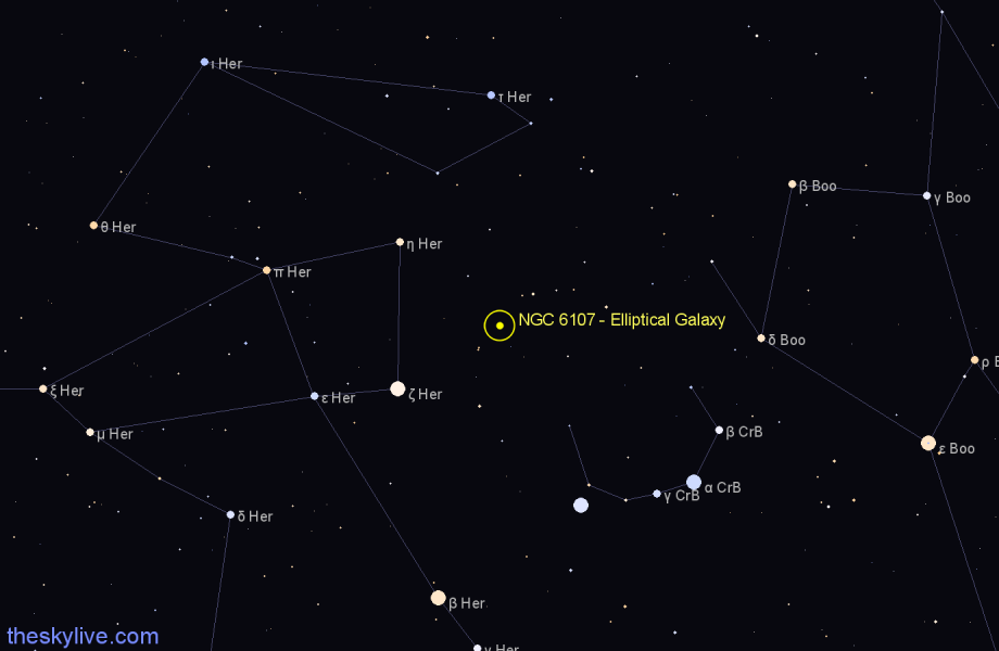 Finder chart NGC 6107 - Elliptical Galaxy in Corona Borealis star