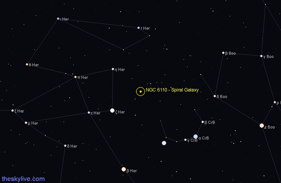 Finder chart NGC 6110 - Spiral Galaxy in Corona Borealis star