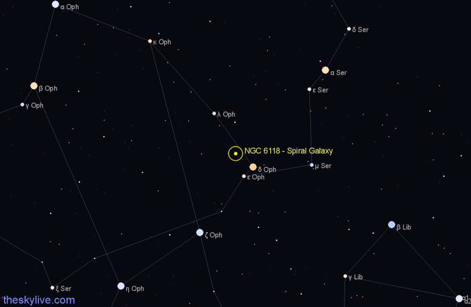Finder chart NGC 6118 - Spiral Galaxy in Ophiuchus star
