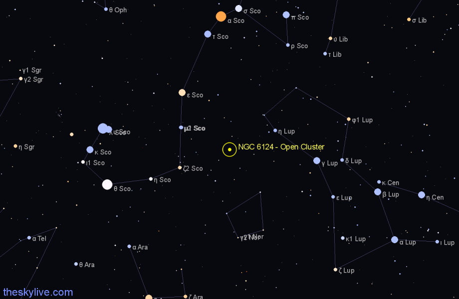 Finder chart NGC 6124 - Open Cluster in Scorpius star