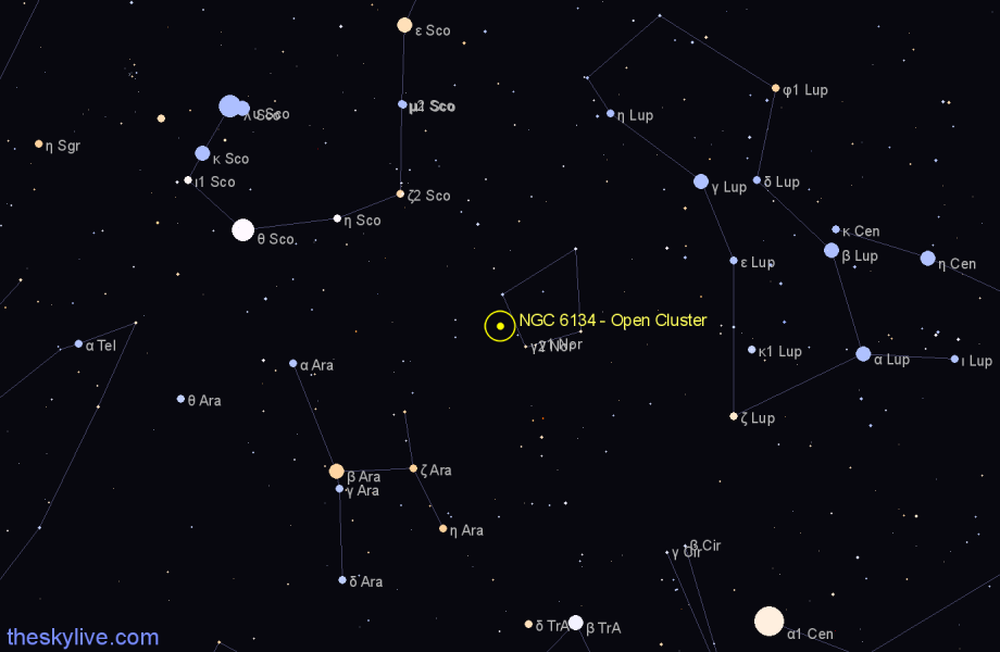 Finder chart NGC 6134 - Open Cluster in Norma star