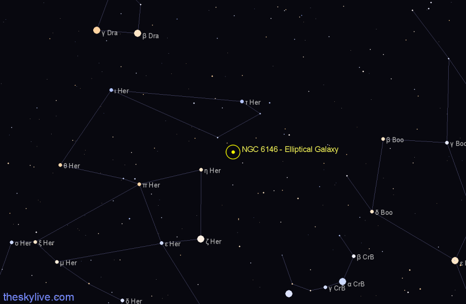 Finder chart NGC 6146 - Elliptical Galaxy in Hercules star