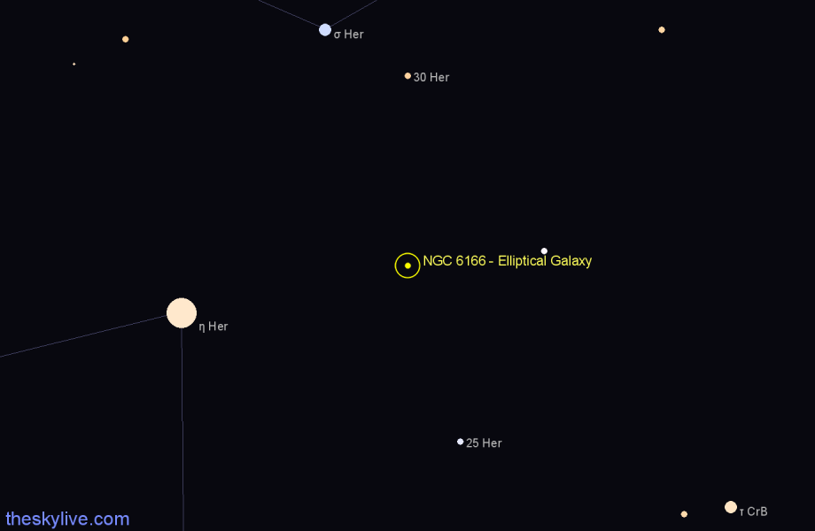 Finder chart NGC 6166 - Elliptical Galaxy in Hercules star