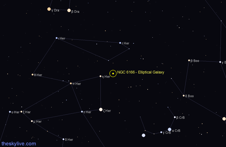 Finder chart NGC 6166 - Elliptical Galaxy in Hercules star