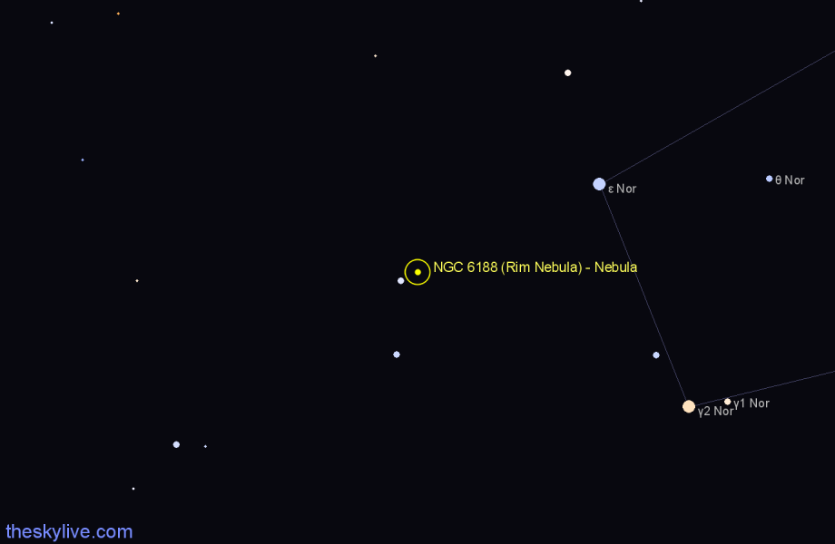 Finder chart NGC 6188 (Rim Nebula) - Nebula in Ara star