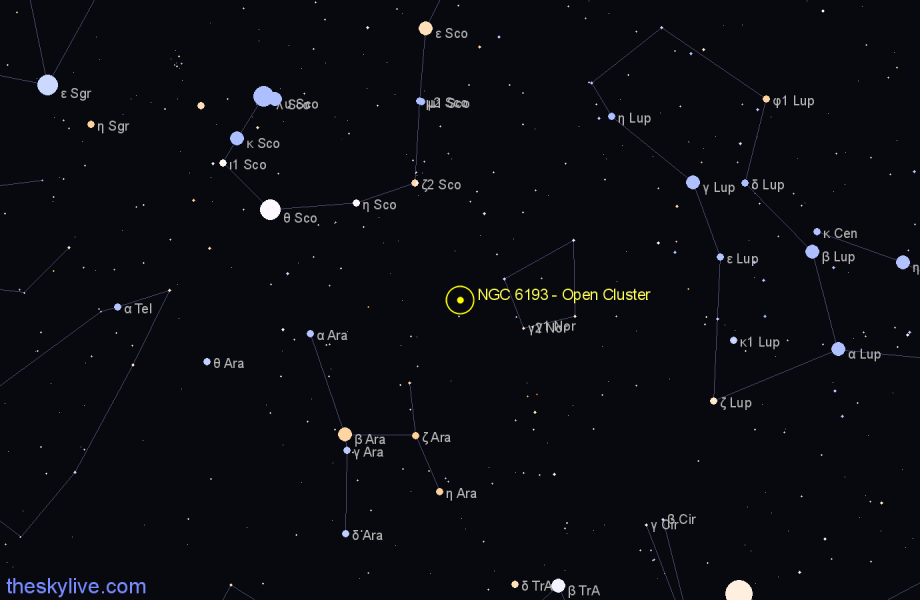 Finder chart NGC 6193 - Open Cluster in Ara star