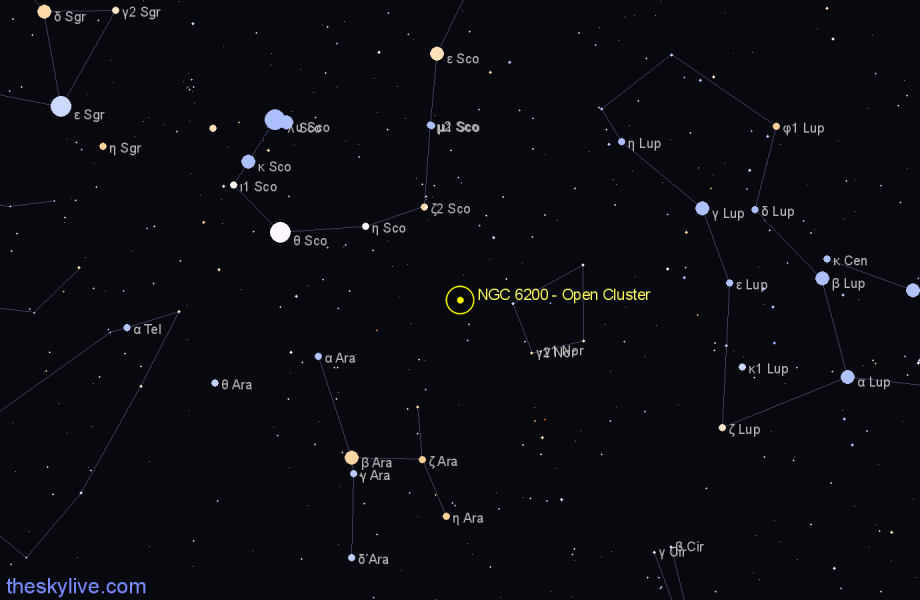 Finder chart NGC 6200 - Open Cluster in Ara star