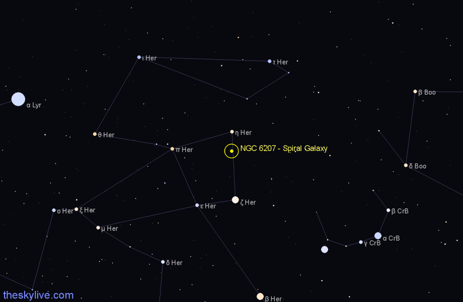 Finder chart NGC 6207 - Spiral Galaxy in Hercules star