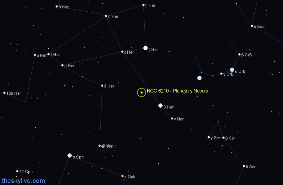 Finder chart NGC 6210 - Planetary Nebula in Hercules star