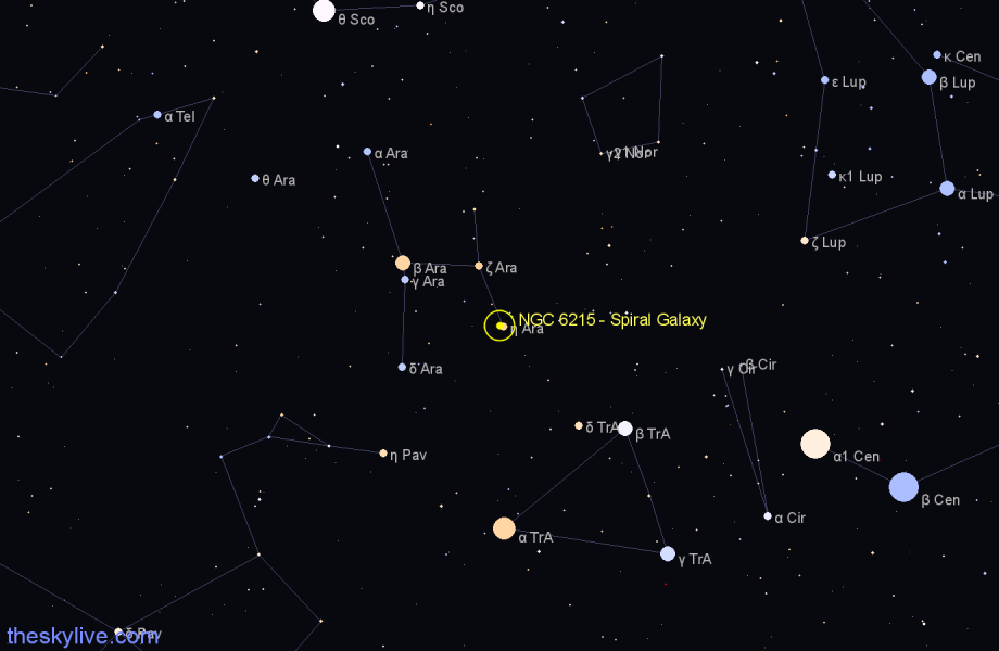 Finder chart NGC 6215 - Spiral Galaxy in Ara star