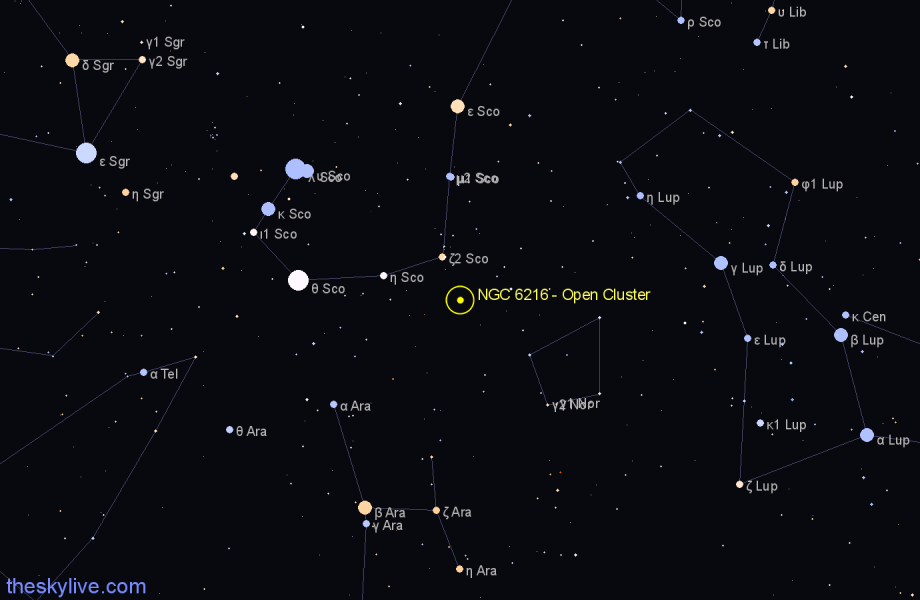 Finder chart NGC 6216 - Open Cluster in Scorpius star