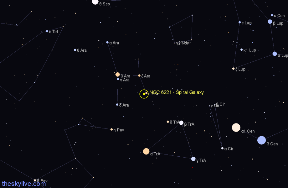 Finder chart NGC 6221 - Spiral Galaxy in Ara star