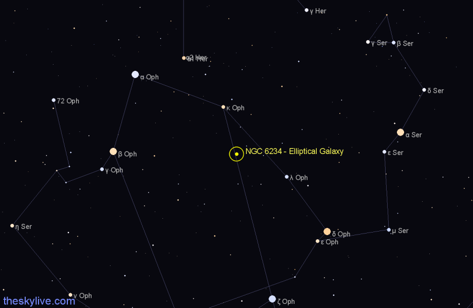 Finder chart NGC 6234 - Elliptical Galaxy in Ophiuchus star