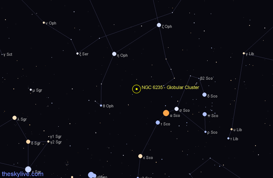 Finder chart NGC 6235 - Globular Cluster in Ophiuchus star