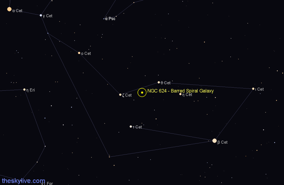 Finder chart NGC 624 - Barred Spiral Galaxy in Cetus star