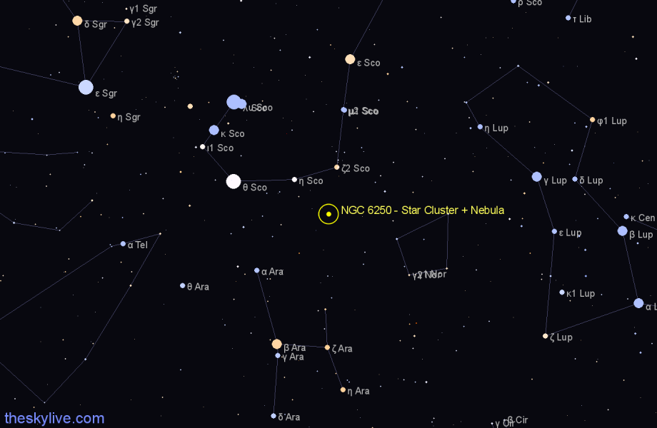 Finder chart NGC 6250 - Star Cluster + Nebula in Ara star