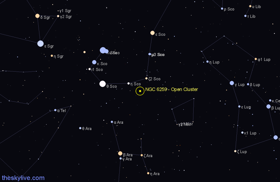 Finder chart NGC 6259 - Open Cluster in Scorpius star