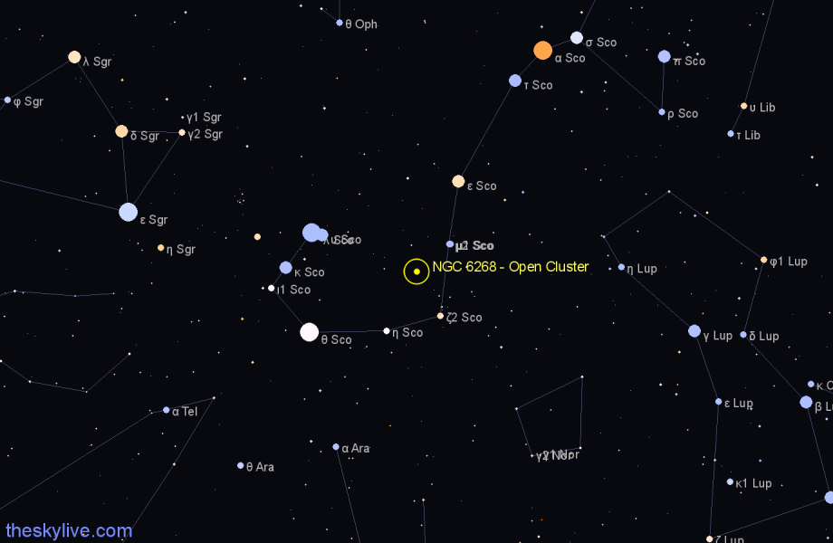 Finder chart NGC 6268 - Open Cluster in Scorpius star