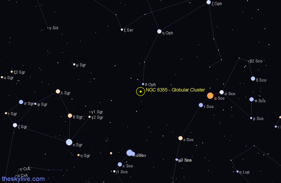 Finder chart NGC 6355 - Globular Cluster in Ophiuchus star
