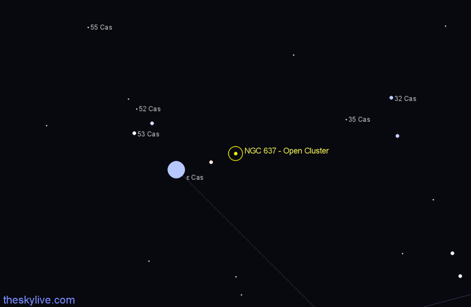 Finder chart NGC 637 - Open Cluster in Cassiopeia star