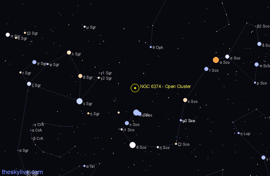 Finder chart NGC 6374 - Open Cluster in Scorpius star