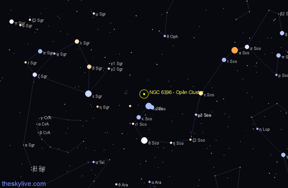 Finder chart NGC 6396 - Open Cluster in Scorpius star