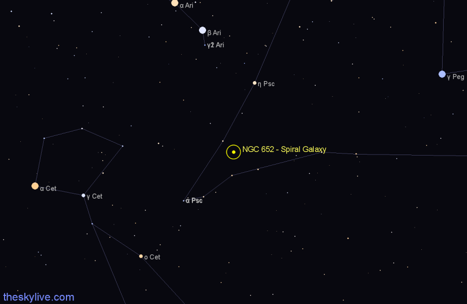 Finder chart NGC 652 - Spiral Galaxy in Pisces star