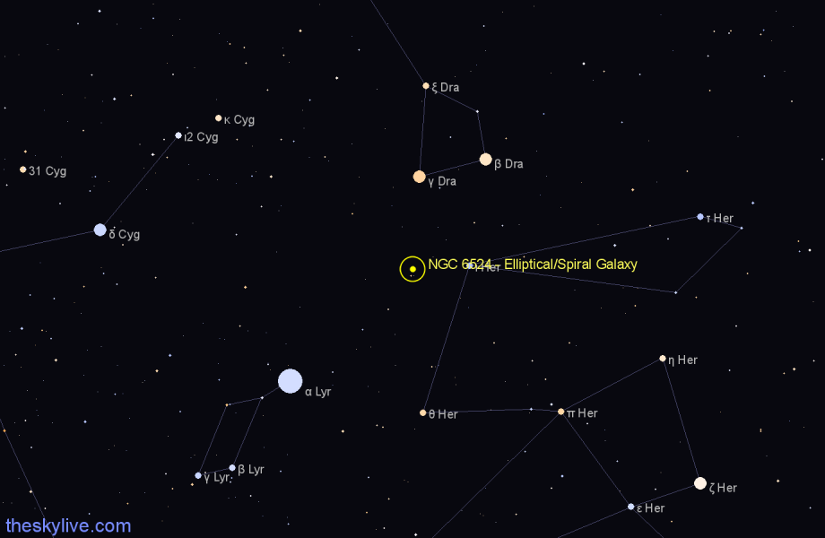 Finder chart NGC 6524 - Elliptical/Spiral Galaxy in Hercules star