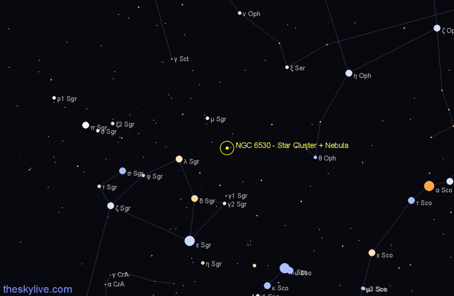 Finder chart NGC 6530 - Star Cluster + Nebula in Sagittarius star