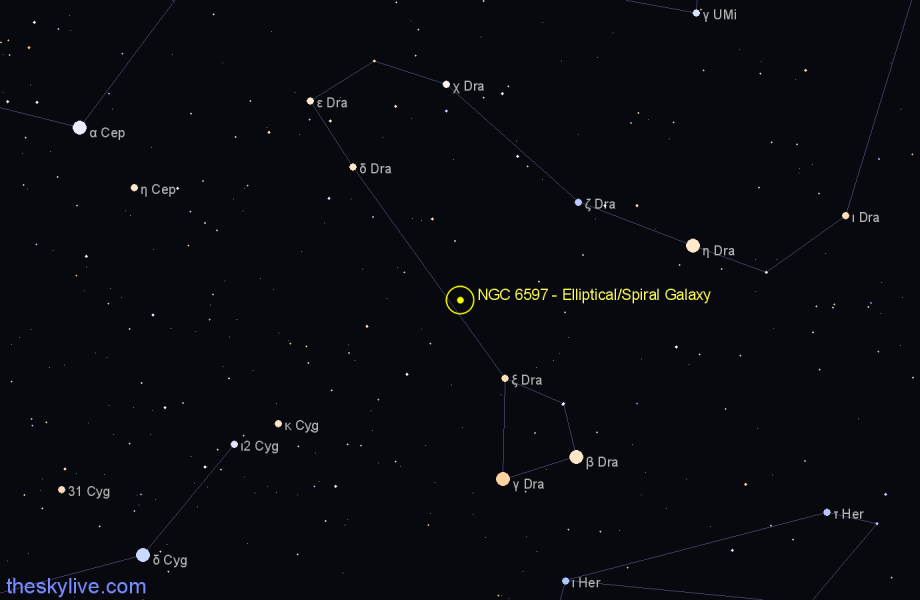 Finder chart NGC 6597 - Elliptical/Spiral Galaxy in Draco star