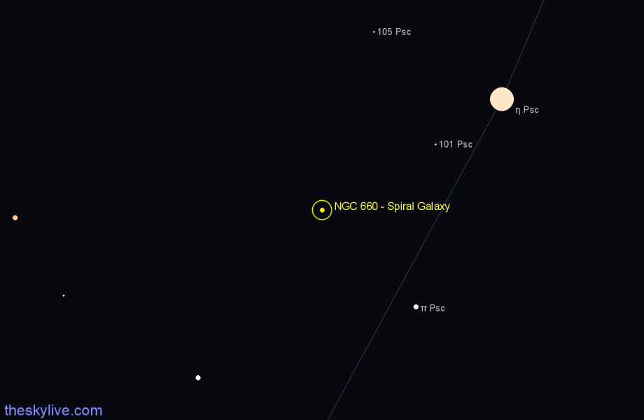 Finder chart NGC 660 - Spiral Galaxy in Pisces star