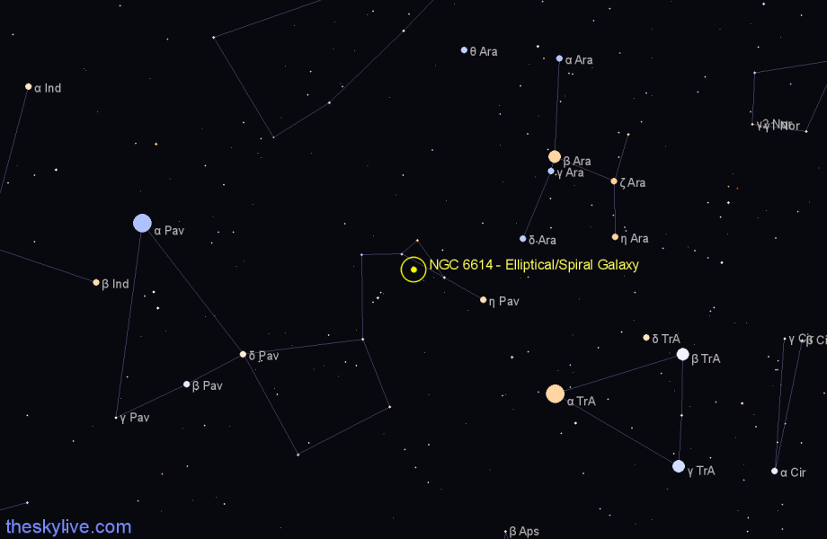 Finder chart NGC 6614 - Elliptical/Spiral Galaxy in Pavo star