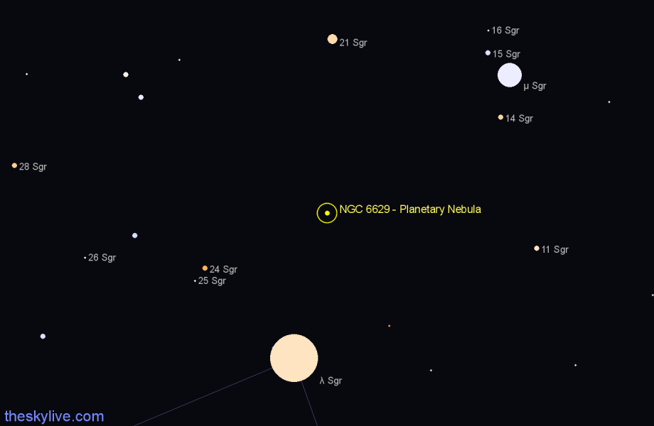 Finder chart NGC 6629 - Planetary Nebula in Sagittarius star