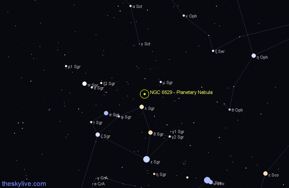 Finder chart NGC 6629 - Planetary Nebula in Sagittarius star