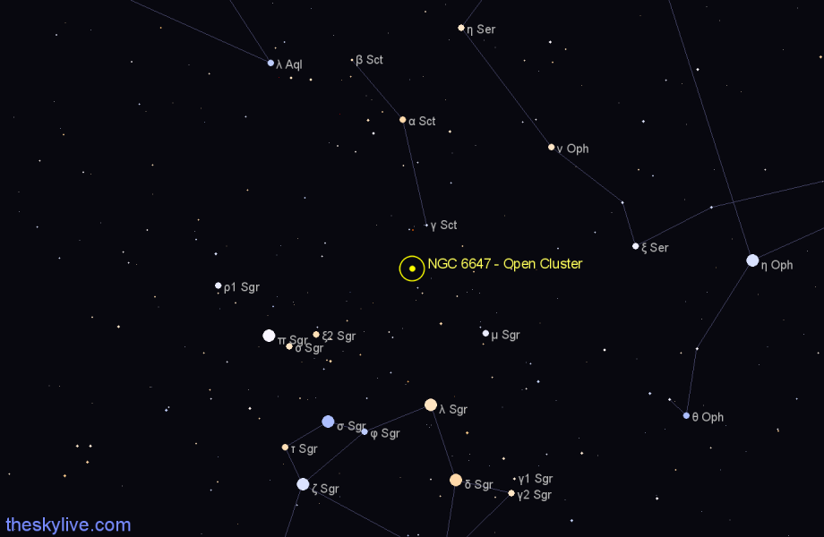 Finder chart NGC 6647 - Open Cluster in Sagittarius star