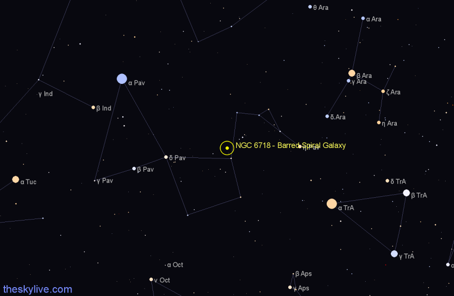 Finder chart NGC 6718 - Barred Spiral Galaxy in Pavo star