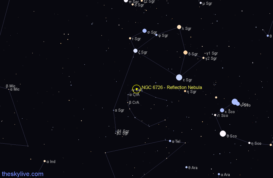 Finder chart NGC 6726 - Reflection Nebula in Corona Australis star