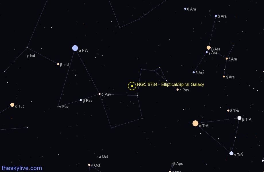 Finder chart NGC 6734 - Elliptical/Spiral Galaxy in Pavo star