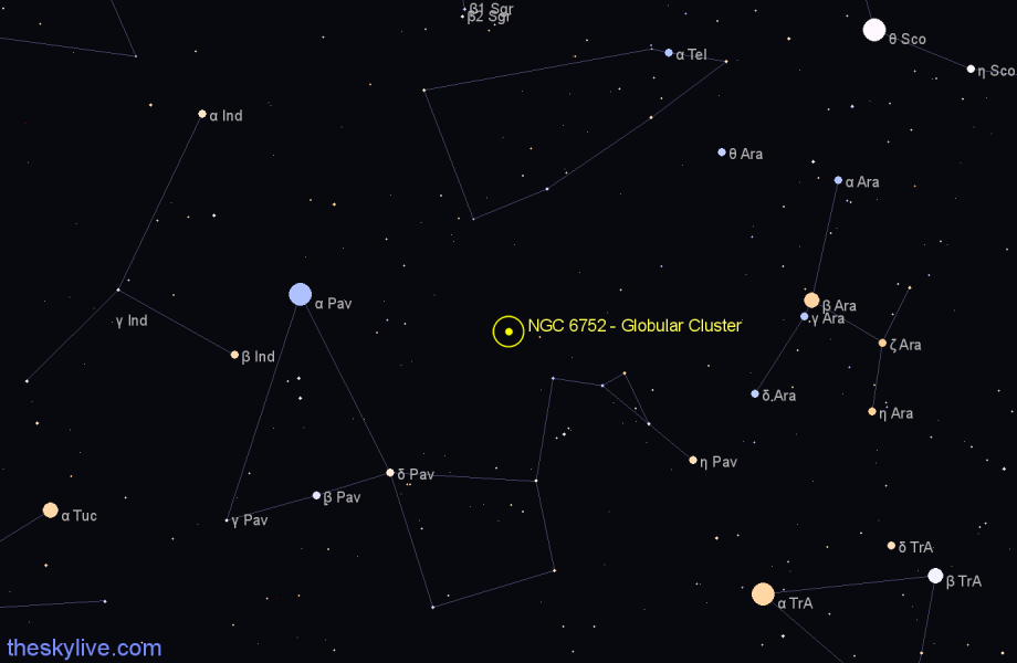 Finder chart NGC 6752 - Globular Cluster in Pavo star