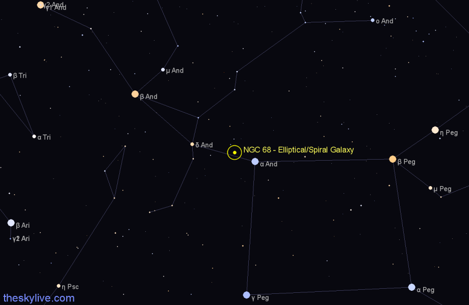Finder chart NGC 68 - Elliptical/Spiral Galaxy in Andromeda star