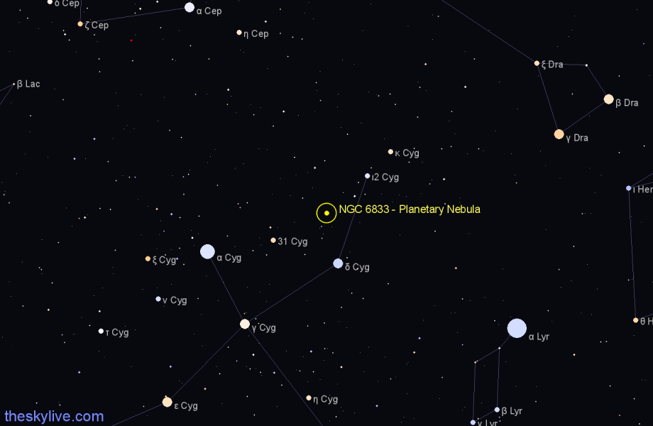 Finder chart NGC 6833 - Planetary Nebula in Cygnus star