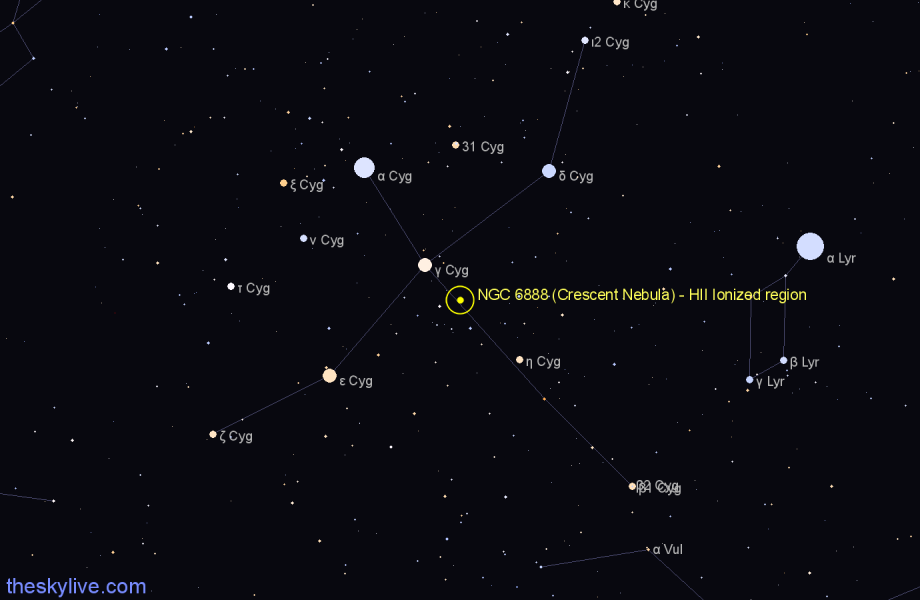 Finder chart NGC 6888 (Crescent Nebula) - HII Ionized region in Cygnus star