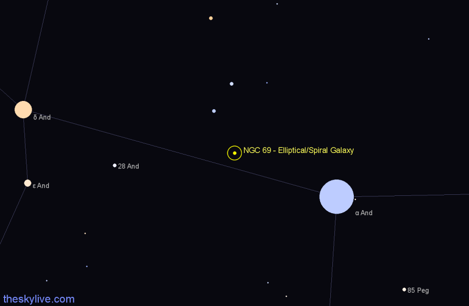 Finder chart NGC 69 - Elliptical/Spiral Galaxy in Andromeda star