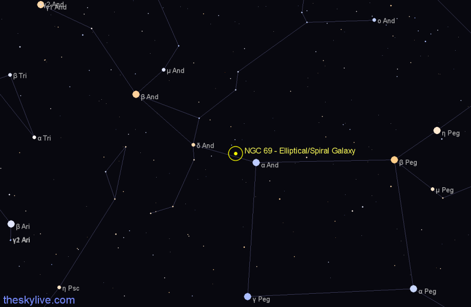 Finder chart NGC 69 - Elliptical/Spiral Galaxy in Andromeda star