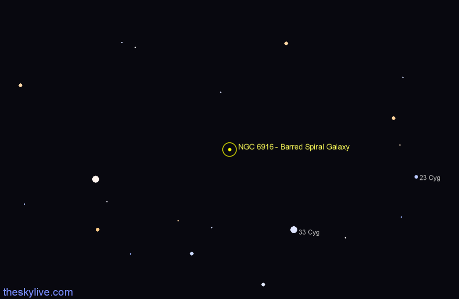 Finder chart NGC 6916 - Barred Spiral Galaxy in Cygnus star